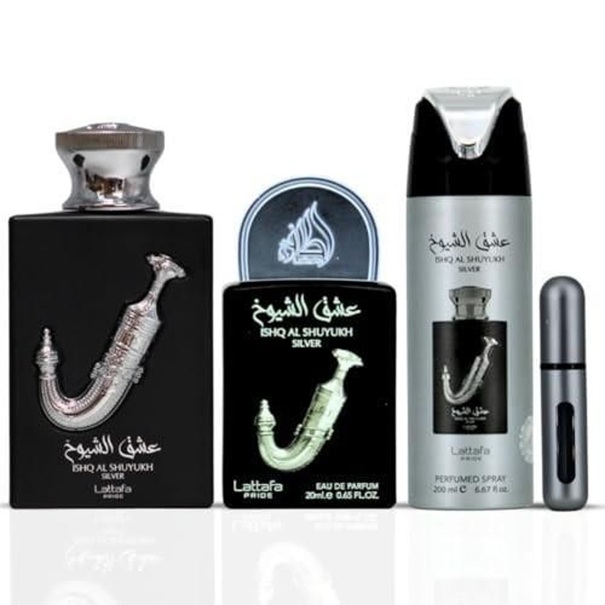 Lattafa Pride Ishq Al Shuyukh Silver Men’s Three-Piece Fragrance Gift Set – 100ml + 20ml + 200ml