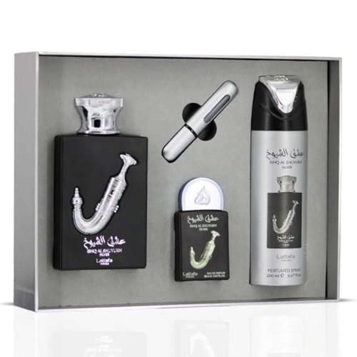 Lattafa Pride Ishq Al Shuyukh Silver Men’s Three-Piece Fragrance Gift Set – 100ml + 20ml + 200ml
