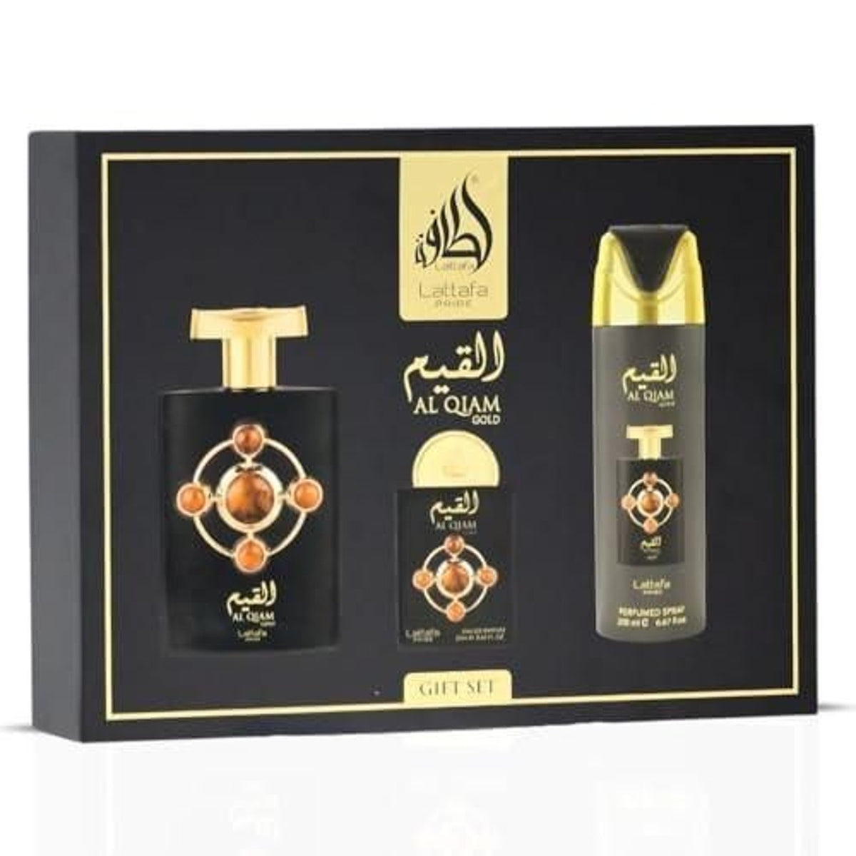 Lattafa Pride Al Qiam Gold Unisex Three-Piece Fragrance Gift Set — 100ml + 20ml + 200ml