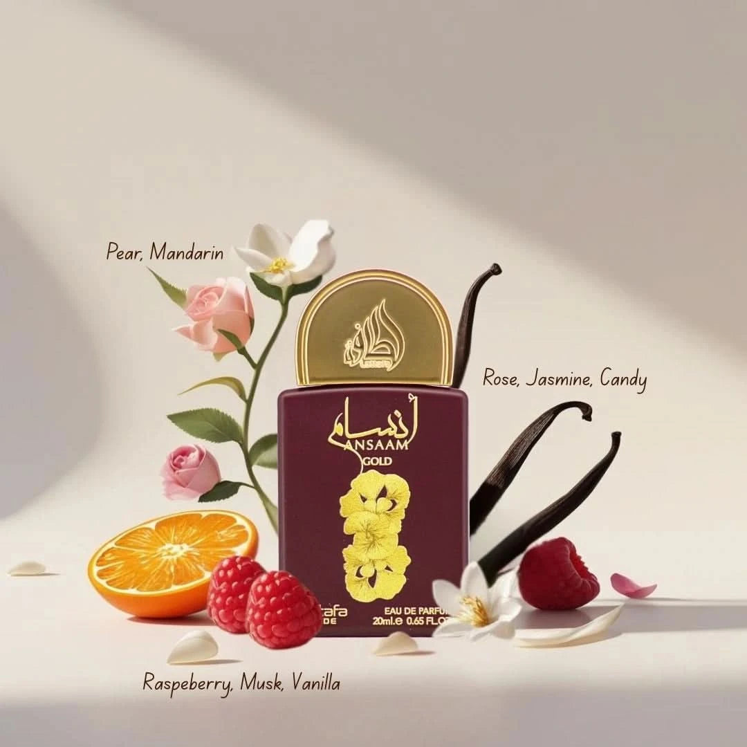 Lattafa Pride Ansaam Gold 20ml mini bottle with fragrance notes
