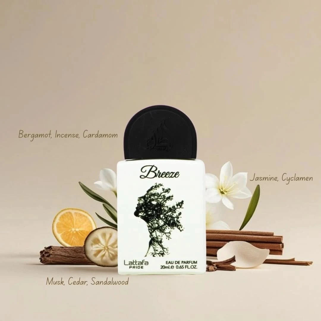 Lattafa Pride Breeze 20ml mini bottle with fragrance notes