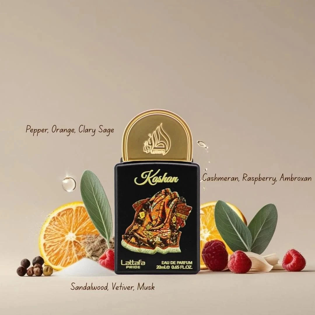 Lattafa Pride Kashan 20ml mini bottle with fragrance notes