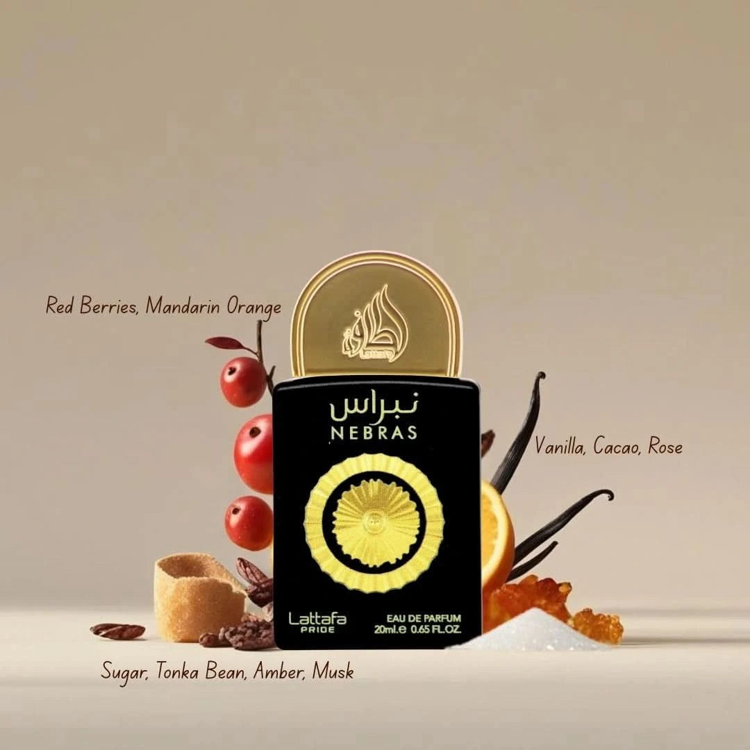 Lattafa Pride Nebras 20ml mini bottle with fragrance notes