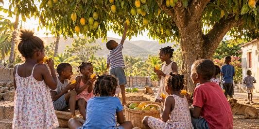 Haitian children sharing ripe mangoes beneath a mango tree during golden-hour sunlight