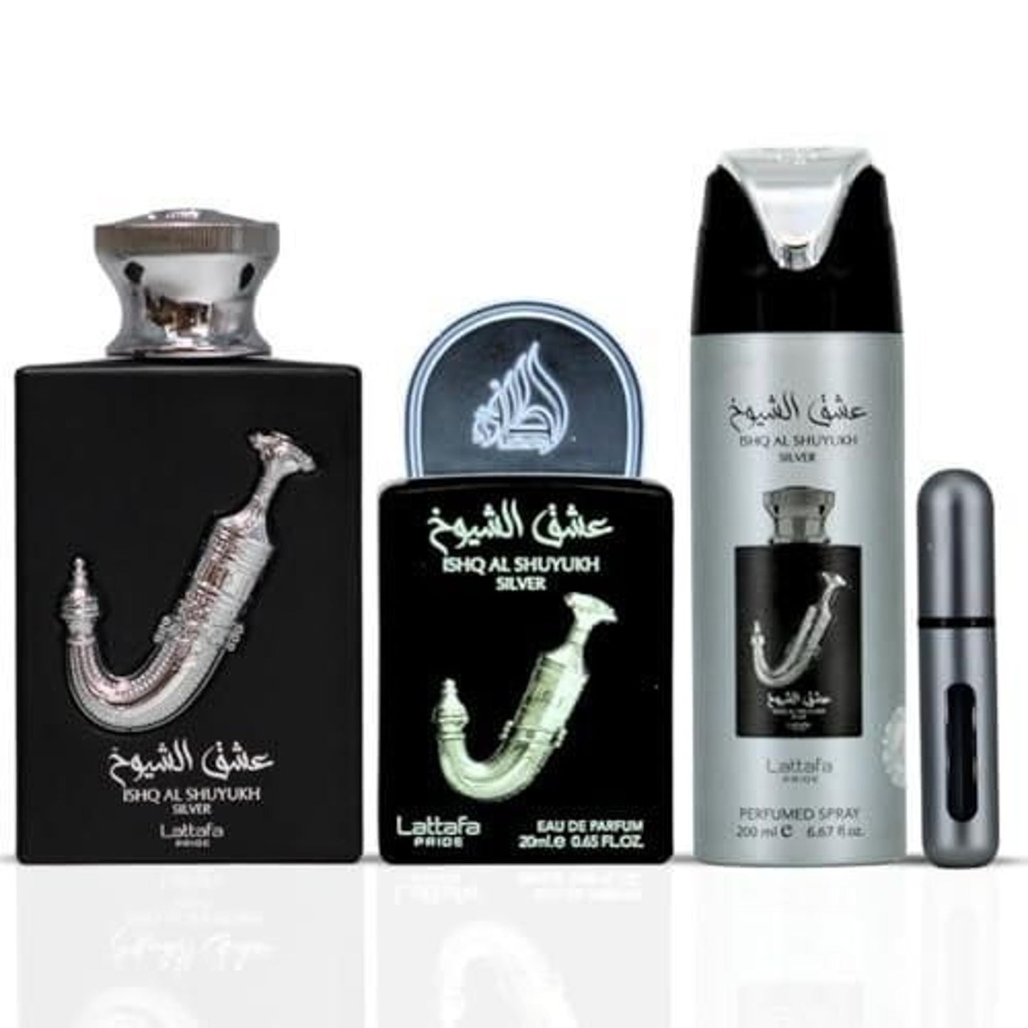 Lattafa Pride Ishq Al Shuyukh Silver Men’s Three-Piece Fragrance Gift Set – 100ml + 20ml + 200ml