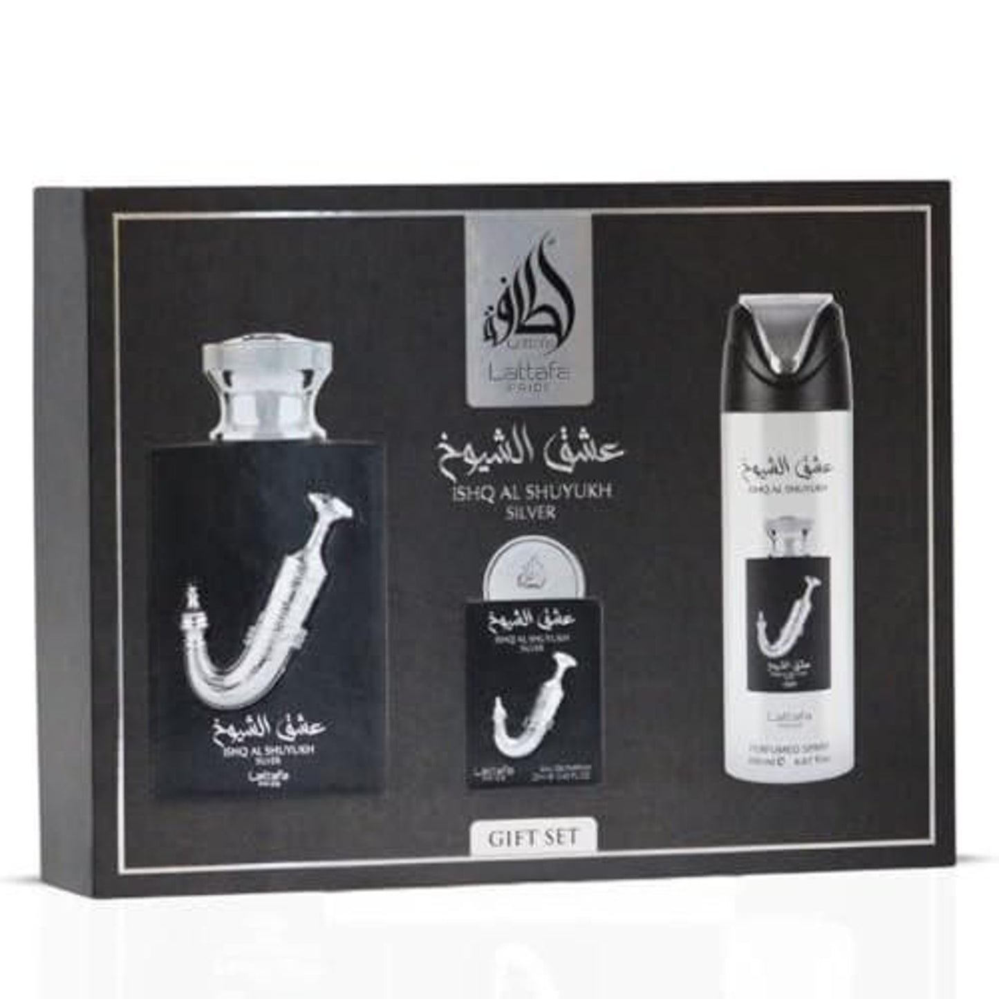 Lattafa Pride Ishq Al Shuyukh Silver Men’s Three-Piece Fragrance Gift Set – 100ml + 20ml + 200ml