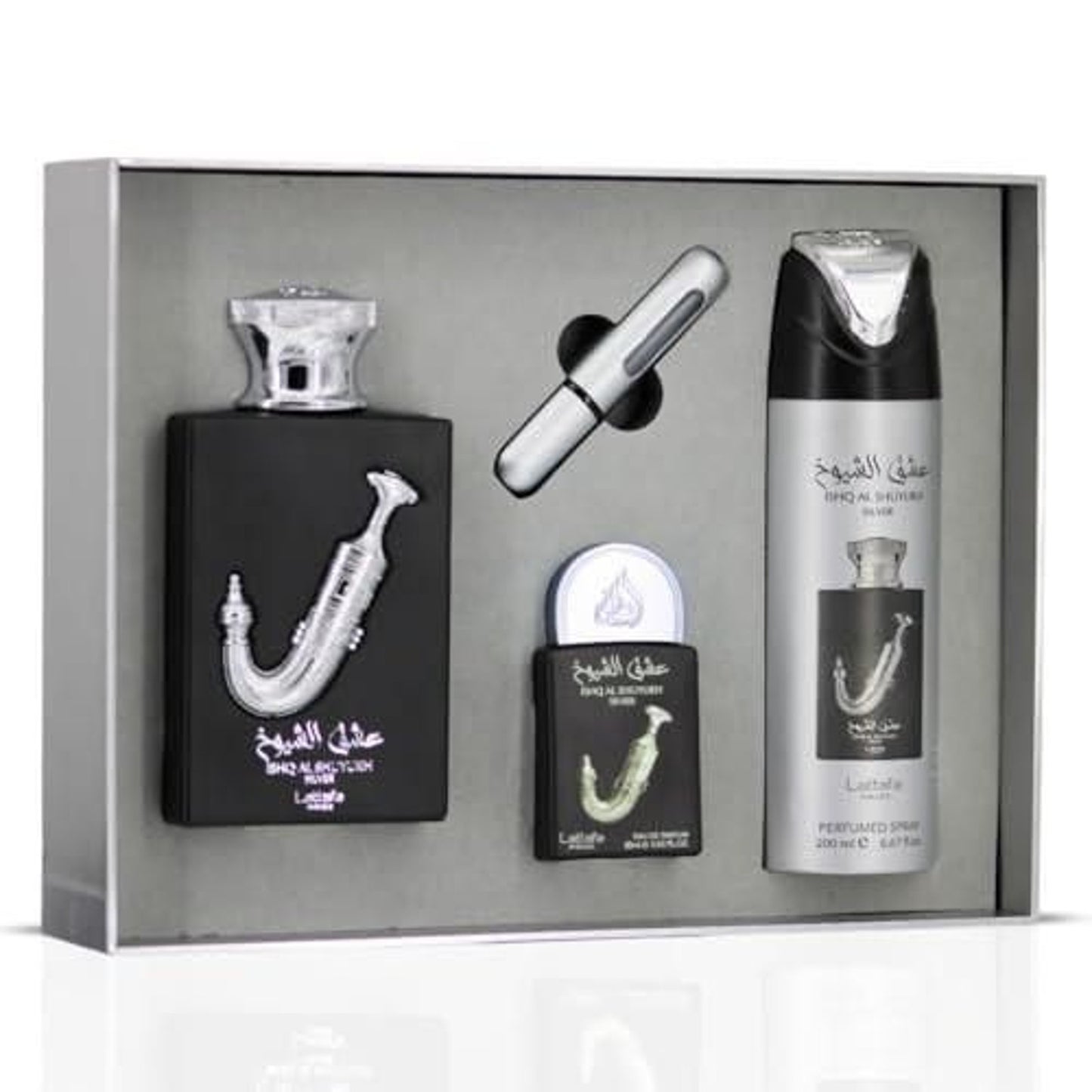 Lattafa Pride Ishq Al Shuyukh Silver Men’s Three-Piece Fragrance Gift Set – 100ml + 20ml + 200ml