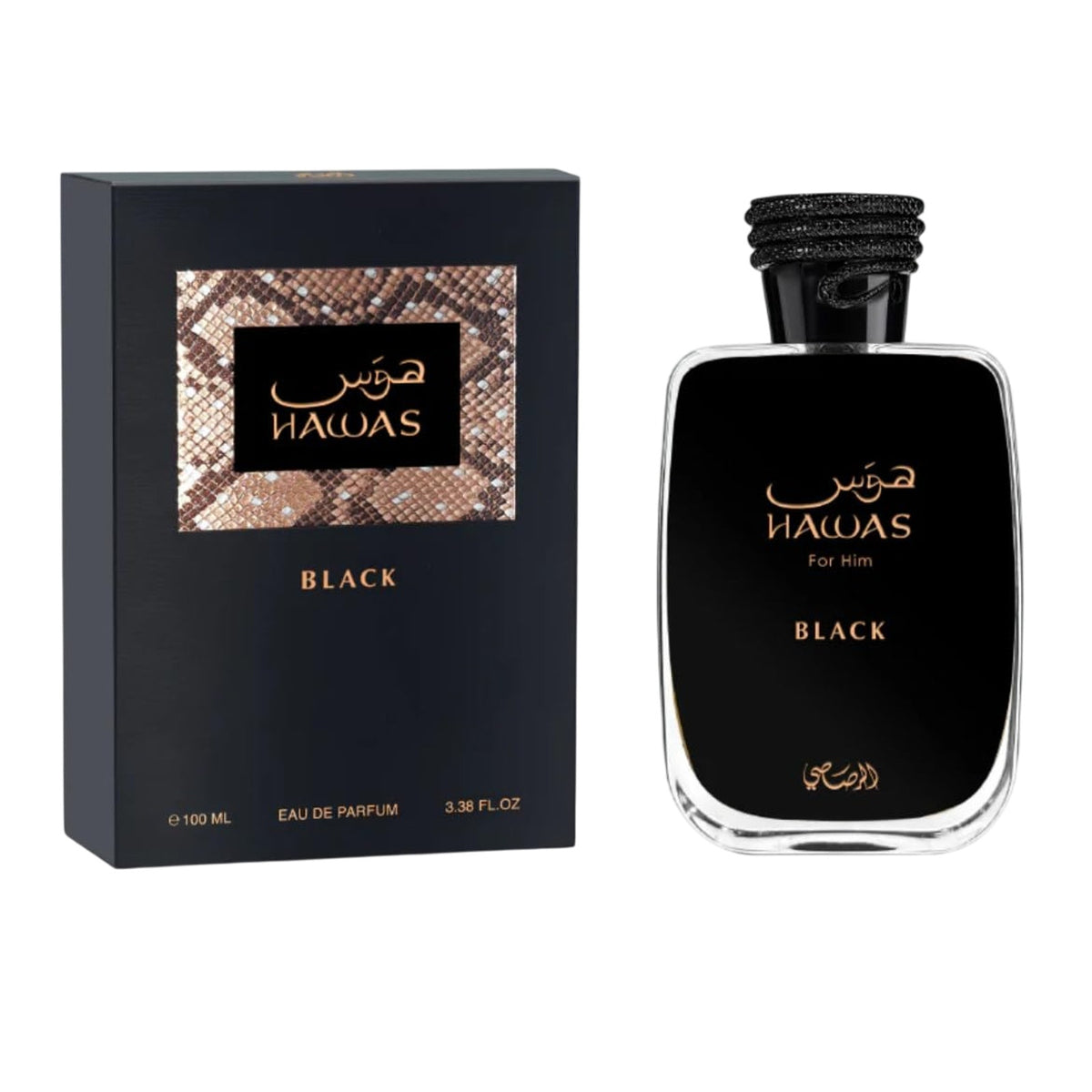 Rasasi Hawas Black 100ml Eau de Parfum bottle and box