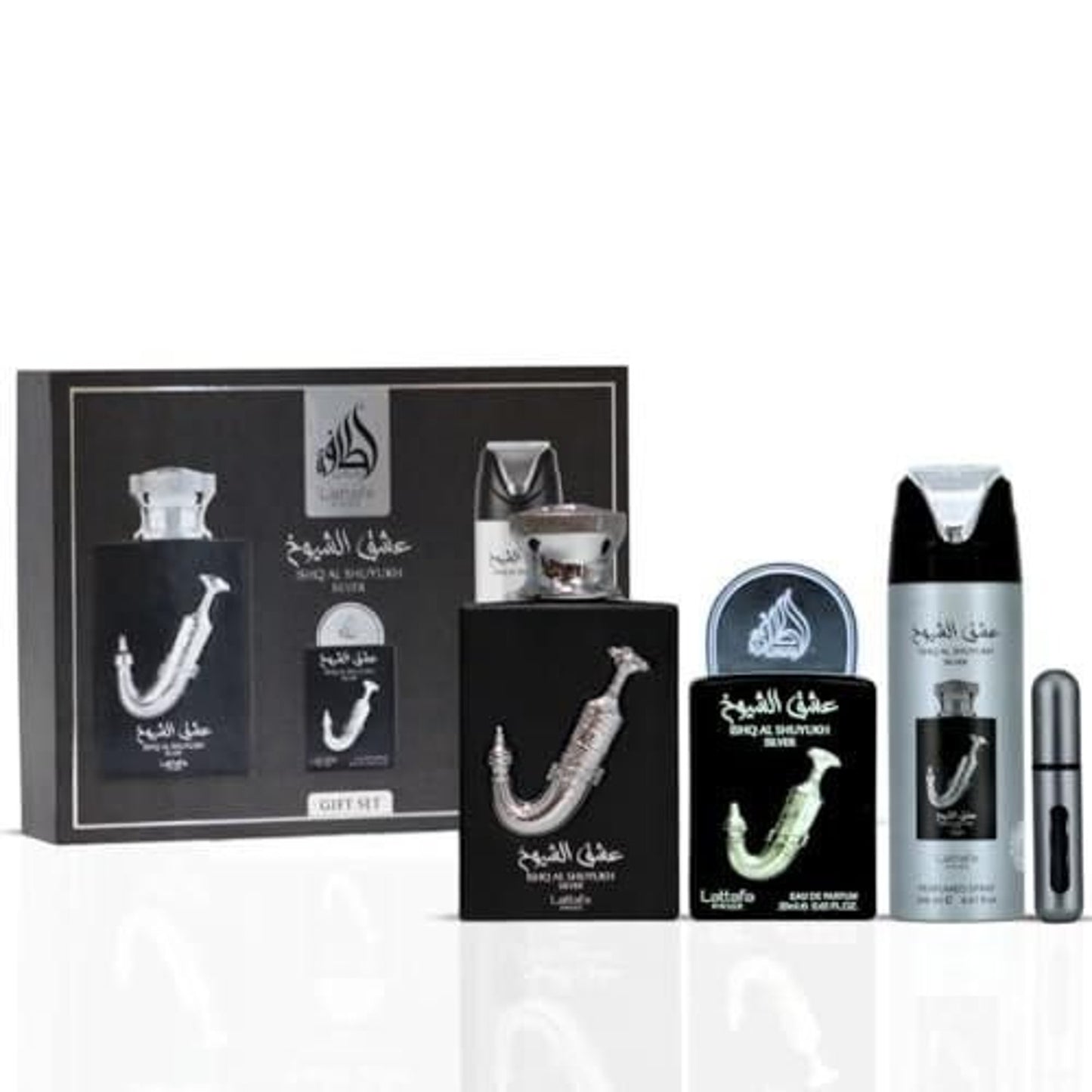 Lattafa Pride Ishq Al Shuyukh Silver Men’s Three-Piece Fragrance Gift Set – 100ml + 20ml + 200ml