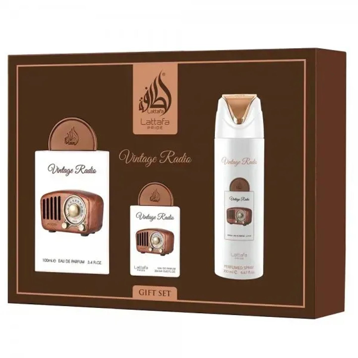 Lattafa Pride Vintage Radio Unisex Three-Piece Fragrance Gift Set – 100ml + 20ml + 200ml