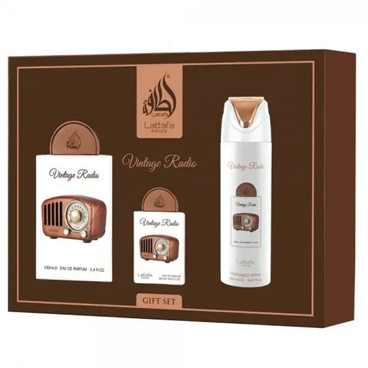 Lattafa Pride Vintage Radio Unisex Three-Piece Fragrance Gift Set – 100ml + 20ml + 200ml