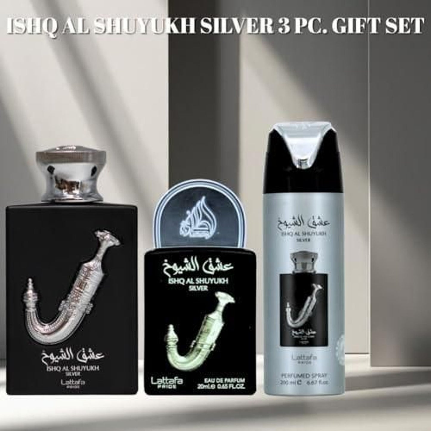 Lattafa Pride Ishq Al Shuyukh Silver Men’s Three-Piece Fragrance Gift Set – 100ml + 20ml + 200ml