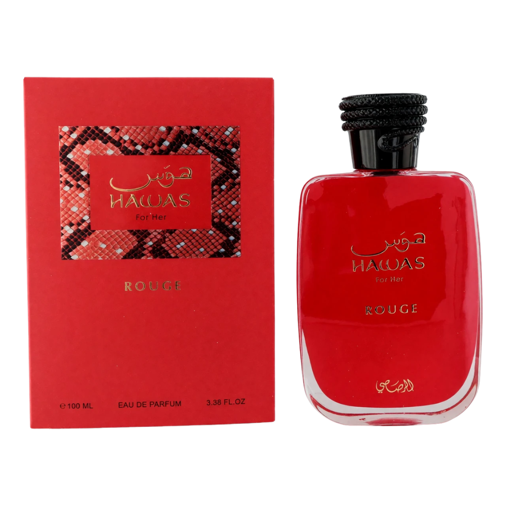 Rasasi Hawas Rouge 100ml Eau de Parfum bottle and retail box