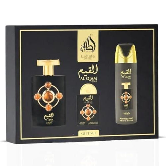 Lattafa Pride Al Qiam Gold Unisex Three-Piece Fragrance Gift Set – 100ml + 20ml + 200ml