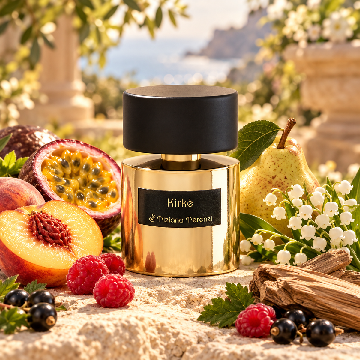 Tiziana Terenzi Kirke bottle in a sunlit setting inspired by passion fruit, peach, pear, berries, lily of the valley and warm woods.