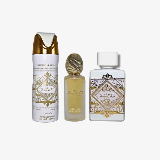 Lattafa Badee Al Oud Honor and Glory gift set with body spray and hair mist
