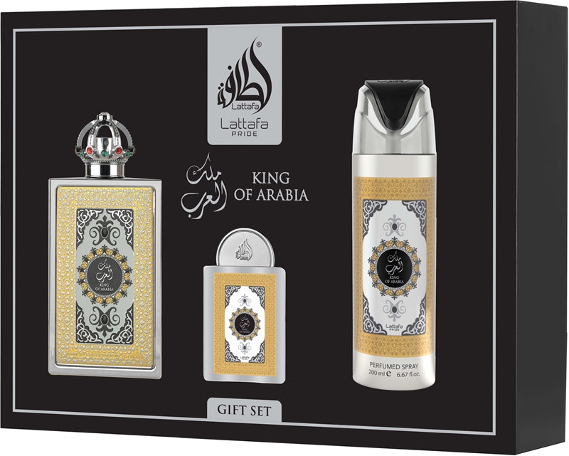 Lattafa Pride King of Arabia gift set with 100ml Eau de Parfum, 20ml travel spray and 200ml body spray