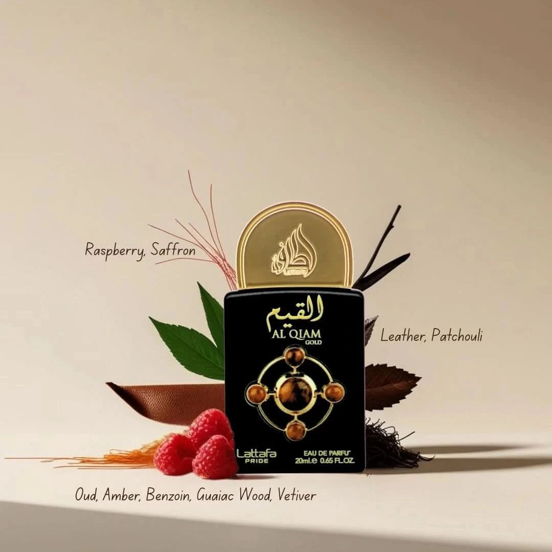 Lattafa Pride Al Qiam Gold 20ml mini bottle with fragrance notes