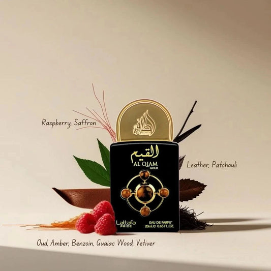 Lattafa Pride Al Qiam Gold 20ml mini bottle with fragrance notes