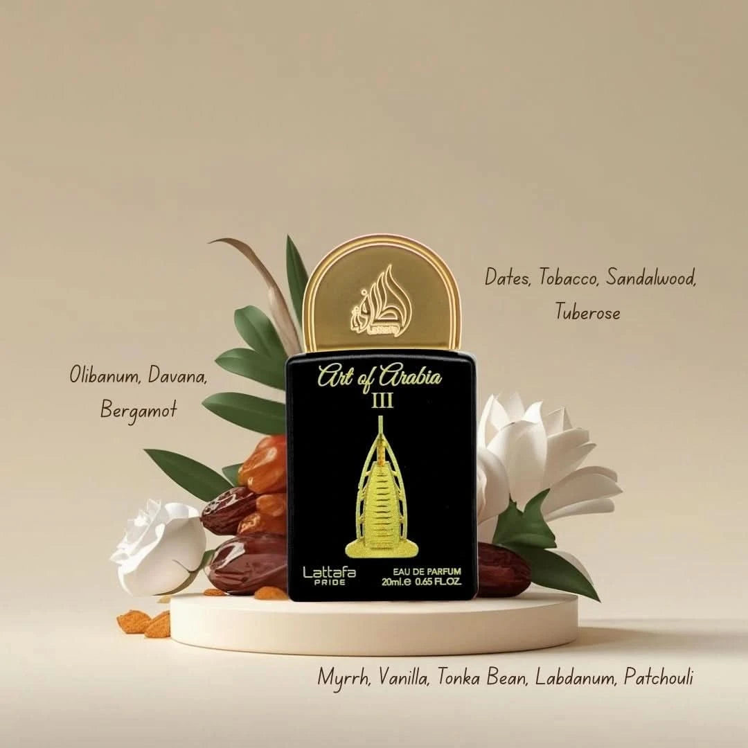 Lattafa Pride Art of Arabia III 20ml mini bottle with fragrance notes