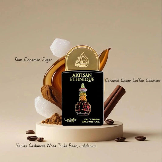 Lattafa Pride Artisan Ethnique 20ml mini bottle with fragrance notes