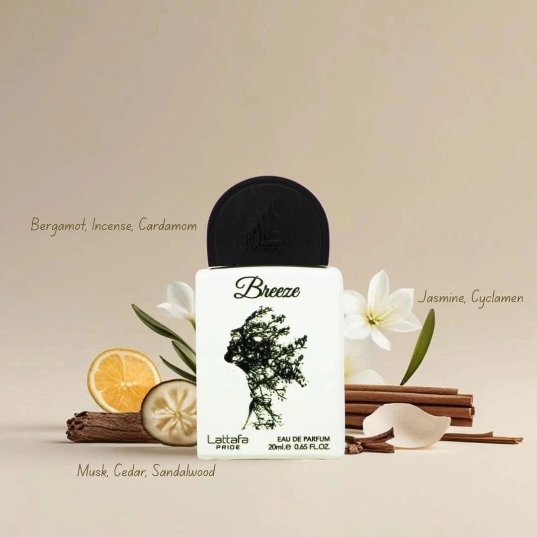 Lattafa Pride Breeze 20ml mini bottle with fragrance notes