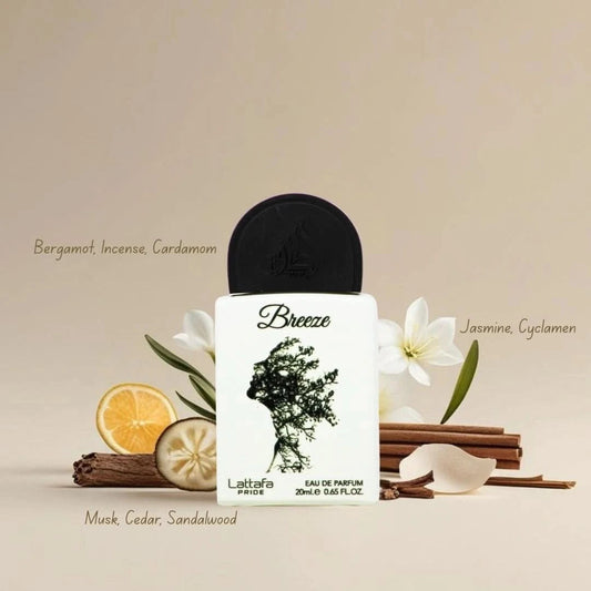 Lattafa Pride Breeze 20ml mini bottle with fragrance notes