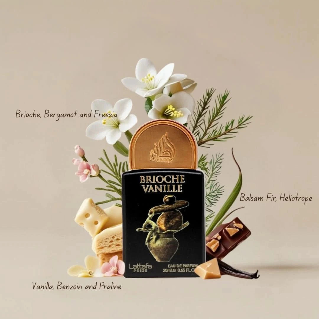 Lattafa Pride Brioche Vanille 20ml mini bottle with fragrance notes