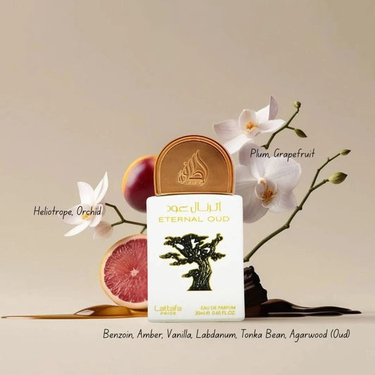 Lattafa Pride Eternal Oud 20ml mini bottle with fragrance notes