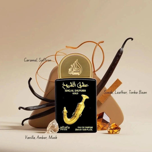 Lattafa Pride Ishq Al Shuyukh Gold 20ml mini bottle with fragrance notes