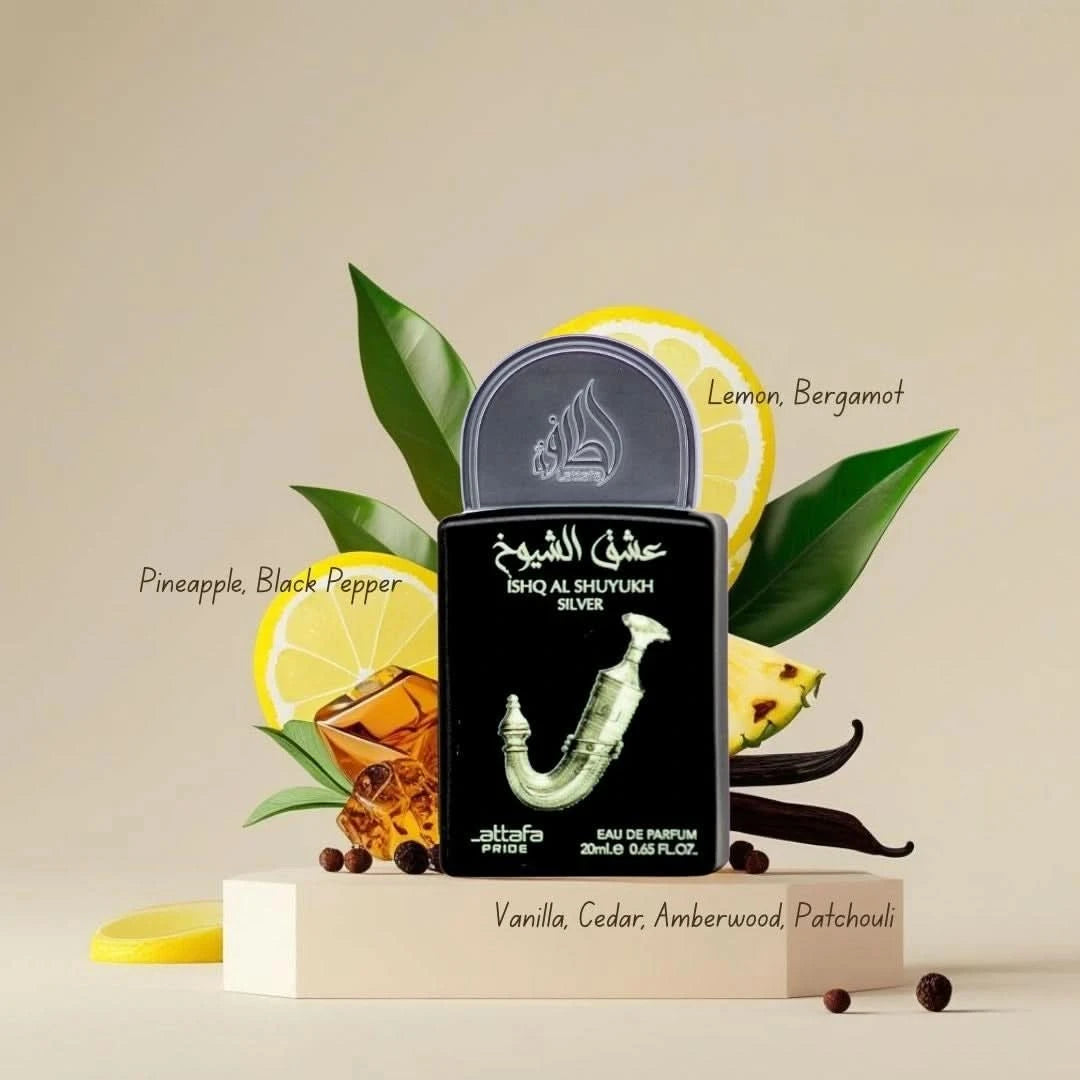 Lattafa Pride Ishq Al Shuyukh Silver 20ml mini bottle with fragrance notes