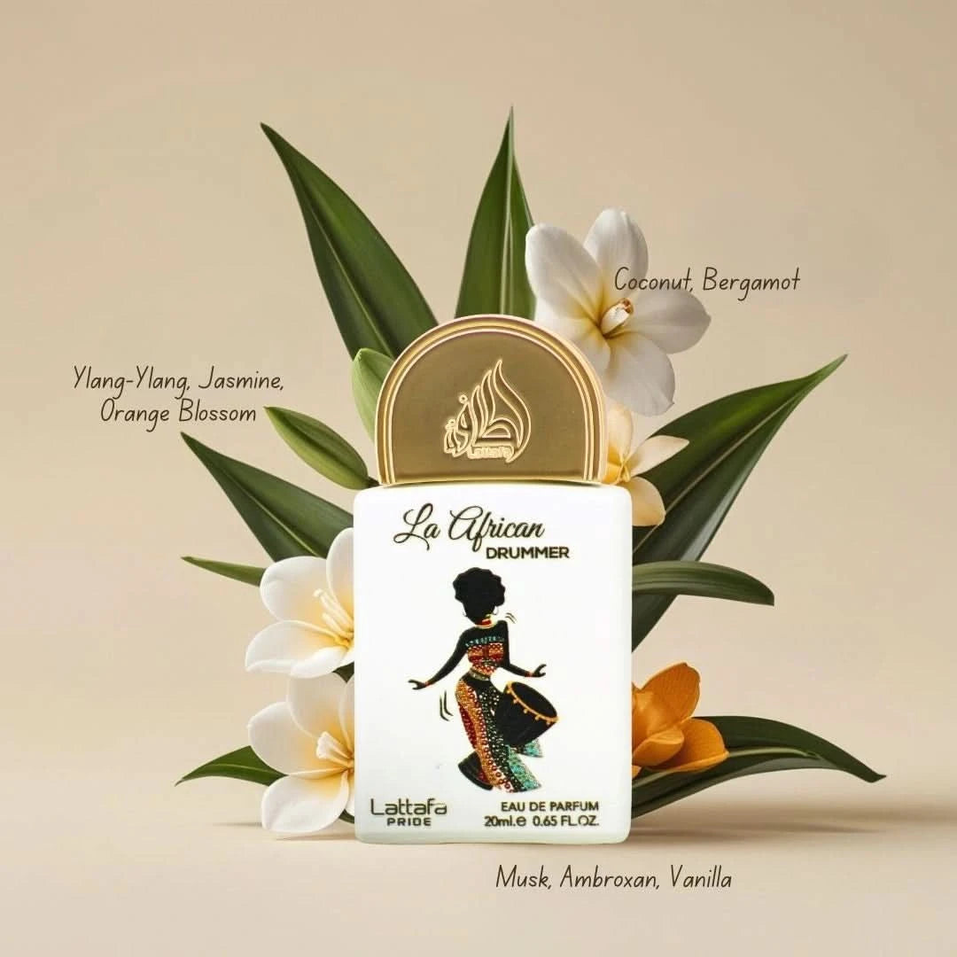 Lattafa Pride La African Drummer 20ml mini bottle with fragrance notes