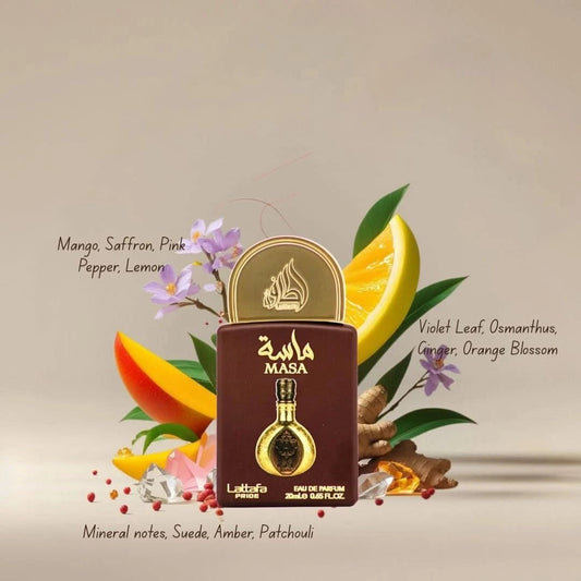 Lattafa Pride Masa 20ml mini bottle with fragrance notes