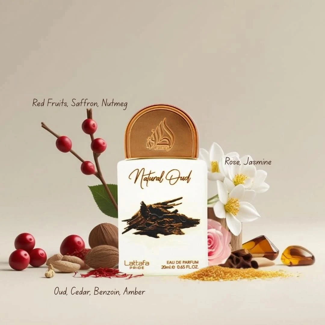 Lattafa Pride Natural Oud 20ml mini bottle with fragrance notes