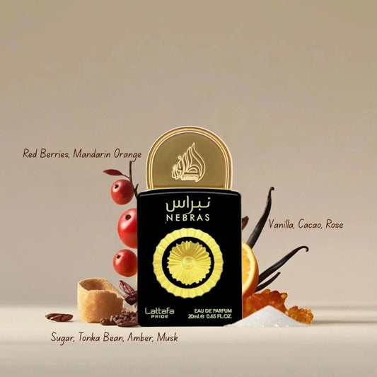 Lattafa Pride Nebras 20ml mini bottle with fragrance notes
