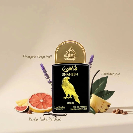 Lattafa Pride Shaheen Gold 20ml mini bottle with fragrance notes