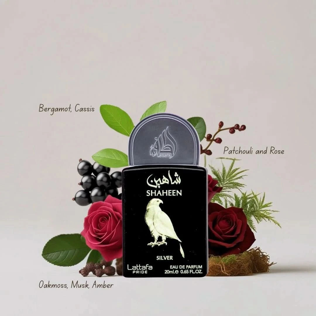 Lattafa Pride Shaheen Silver 20ml mini bottle with fragrance notes