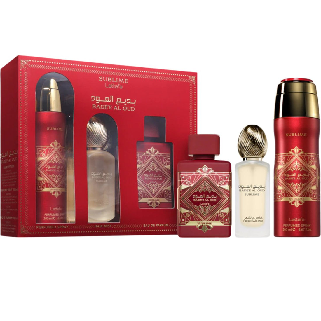 Lattafa Badee Al Oud Sublime gift set with 100ml Eau de Parfum, 200ml body spray and 50ml hair mist