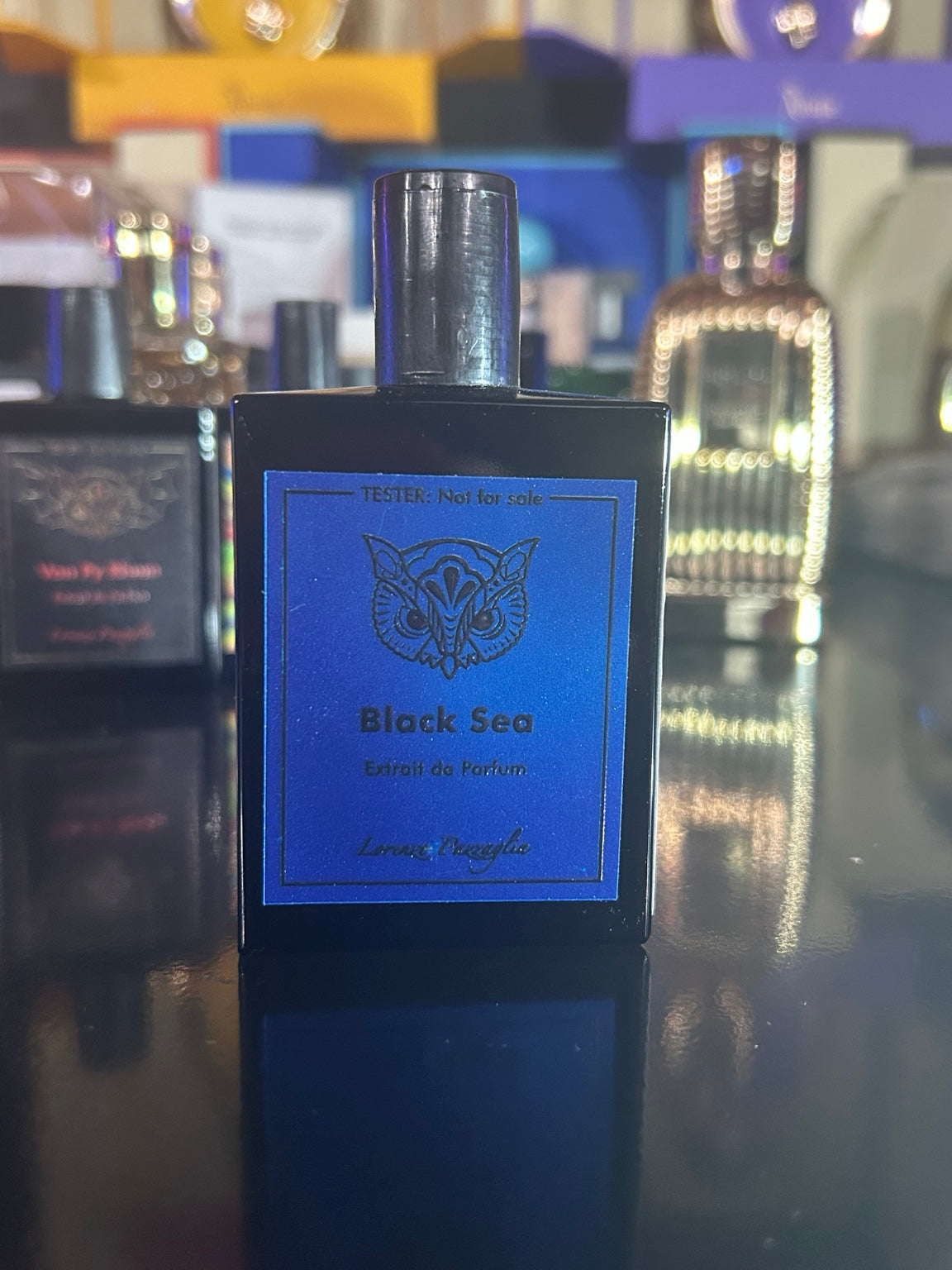 Lorenzo Pazzaglia Black Sea 50ml tester bottle showing its black plastic tester cap